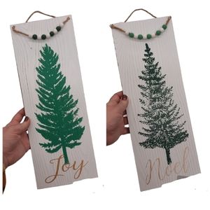 Evergreen Tree Wooden Hanging Wall Decor with Beads Joy or Noel NEW